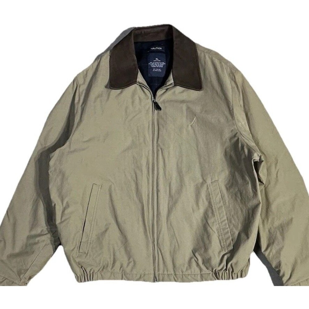 Vintage Nautica Wool Lined Bomber Jacket Mens XL Tan Leather Collar READ
